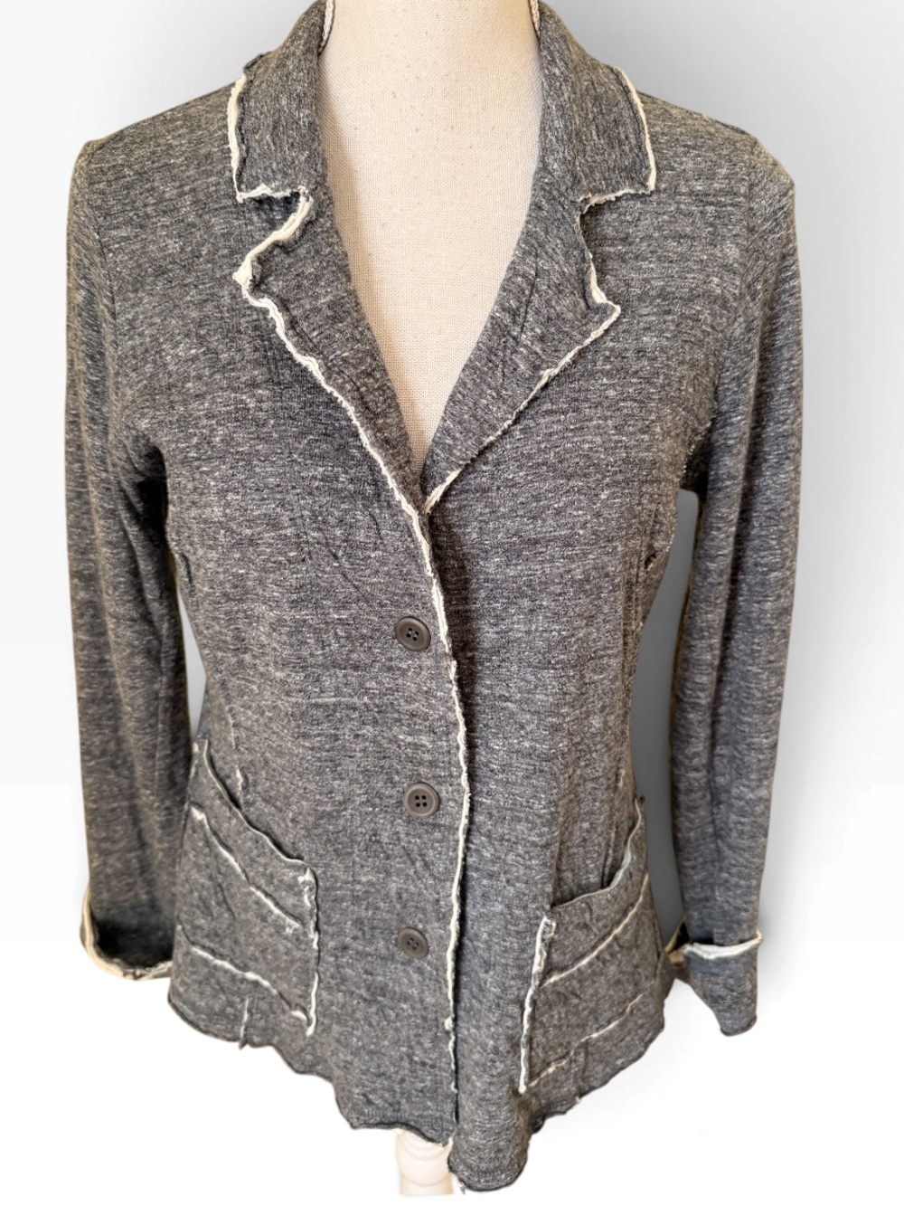 Eileen Fisher Double Layer Heathered Gray Ripple Knit Three Button Blazer S